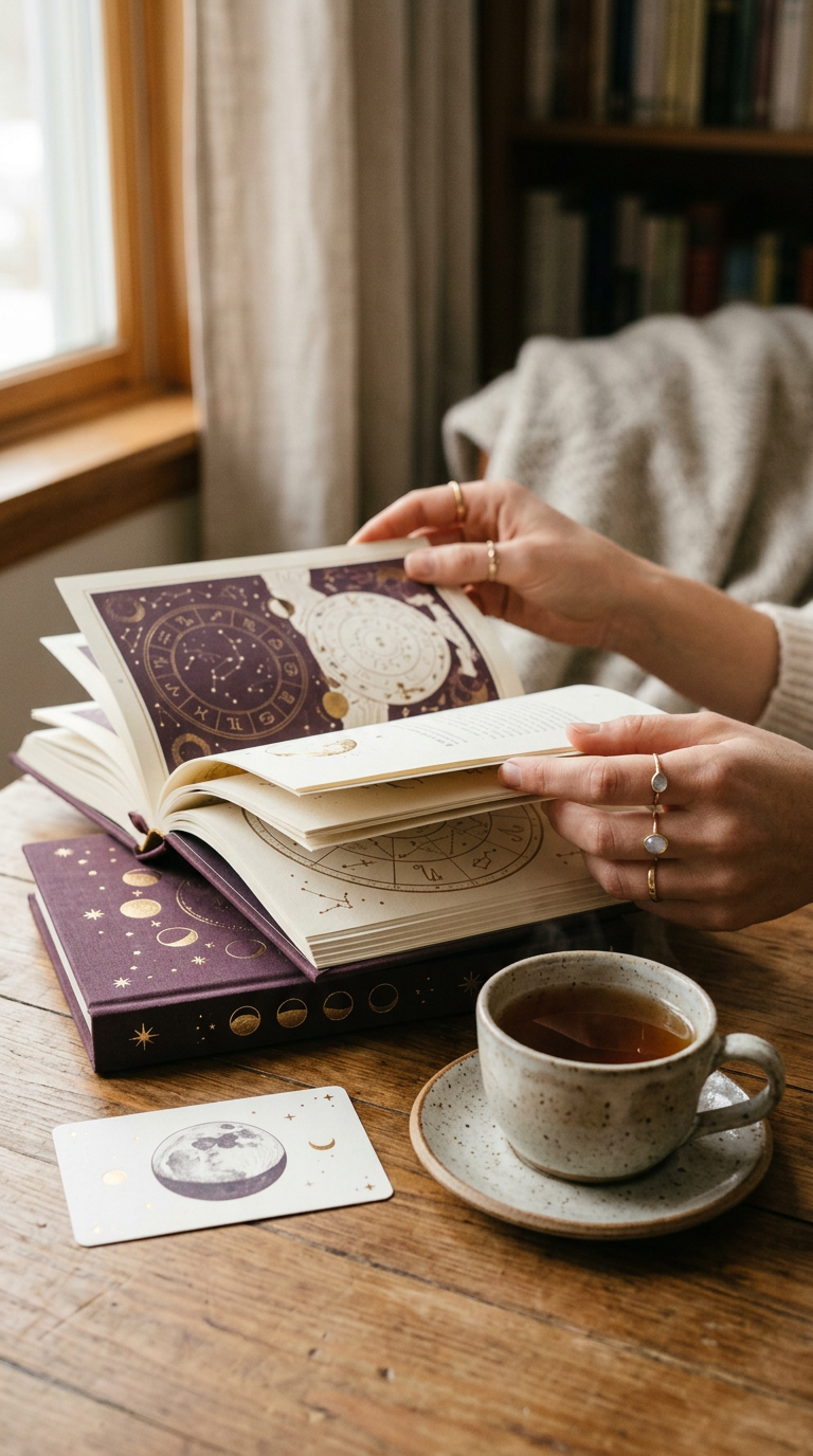 A calm astrology consultation setting with chart and notebook